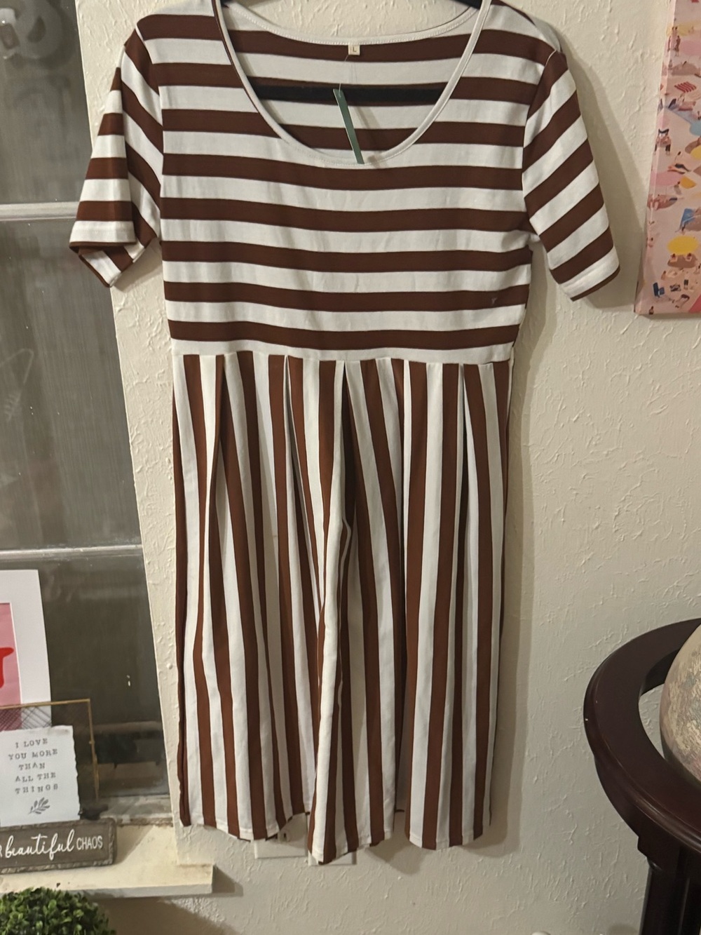 Brown Cream Stripe Culotte Dress | Short Sleeve | Size L